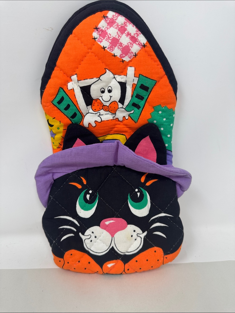 VINTAGE HALLOWEEN B&D QUILTED OVEN MITT POTHOLDER CAT WITCH GHOST 3D BOO!